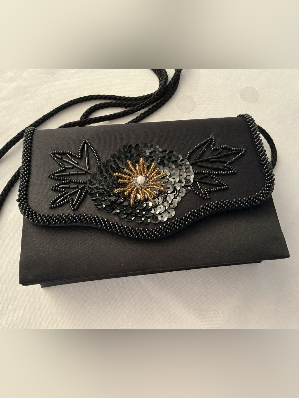 Black Satin Beaded Floral Evening Crossbody Clutch